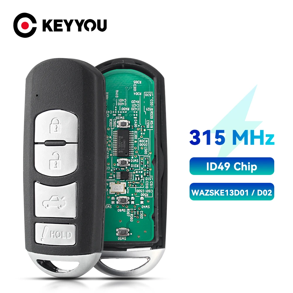 KEYYOU Remote Key For Mazda CX-5 2016-2019 CX-9 WAZSKE13D01 D02 WAZSKE13D01/D02 315Mhz ID49 Chip 3/4 Buttons