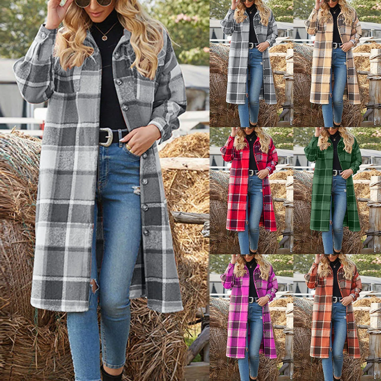 

Autumn And Winter Temperament Commuting Windbreaker Side Slit Lapel Loose Women's Woolen Plaid Womens Winter Jackets Wool Blend