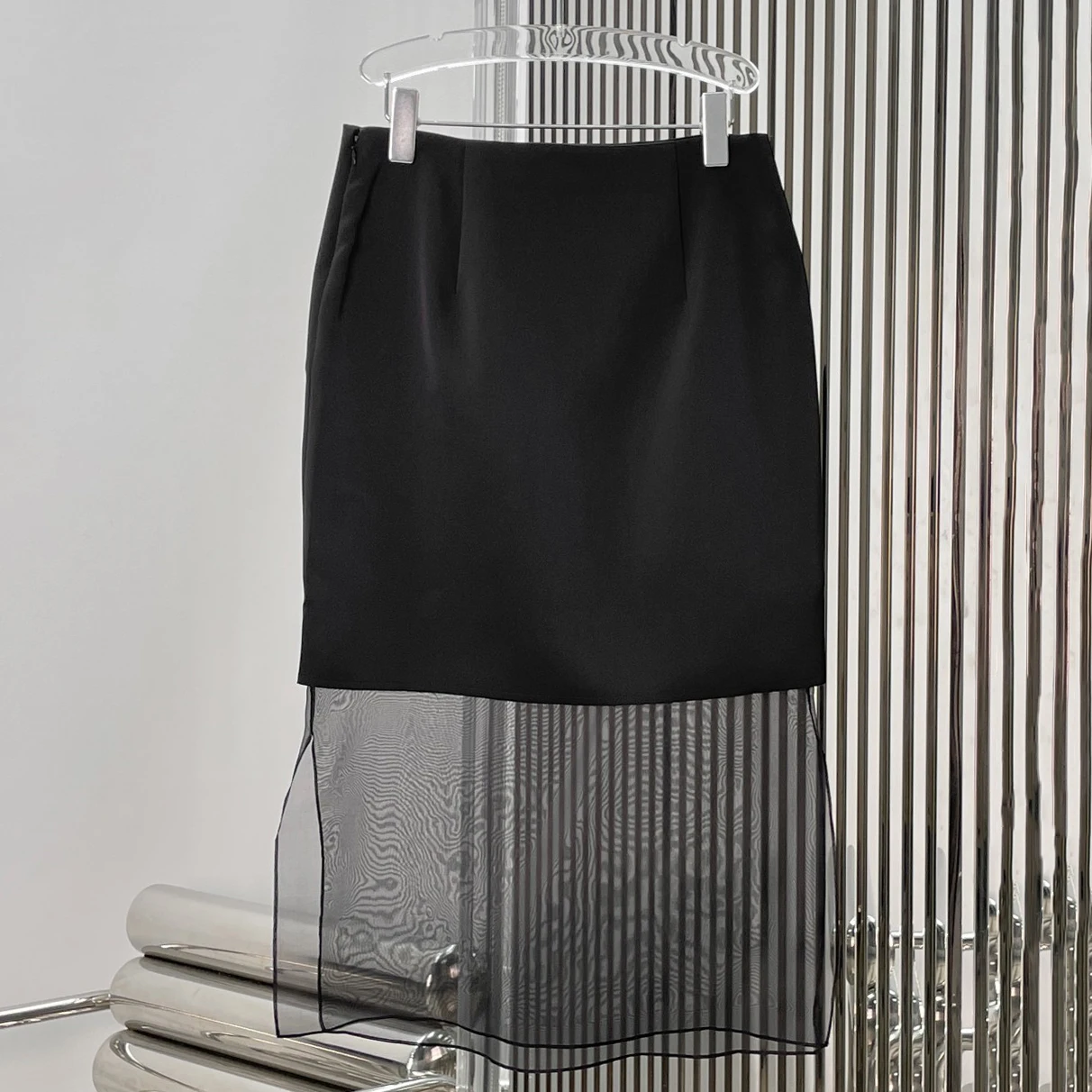 Women's skirt New high waisted slim pencil skirt for summer 2026 Transparent mesh splicing women's half skirt knee length skirt