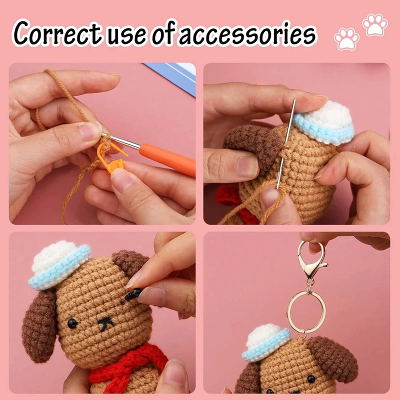 Crochet Animal Dog Kit Agulhas de Fios de Tricô, DIY Plush Doll, Fácil para iniciantes, Inclui Bastante Gancho de Fios, Acessórios Tool Set