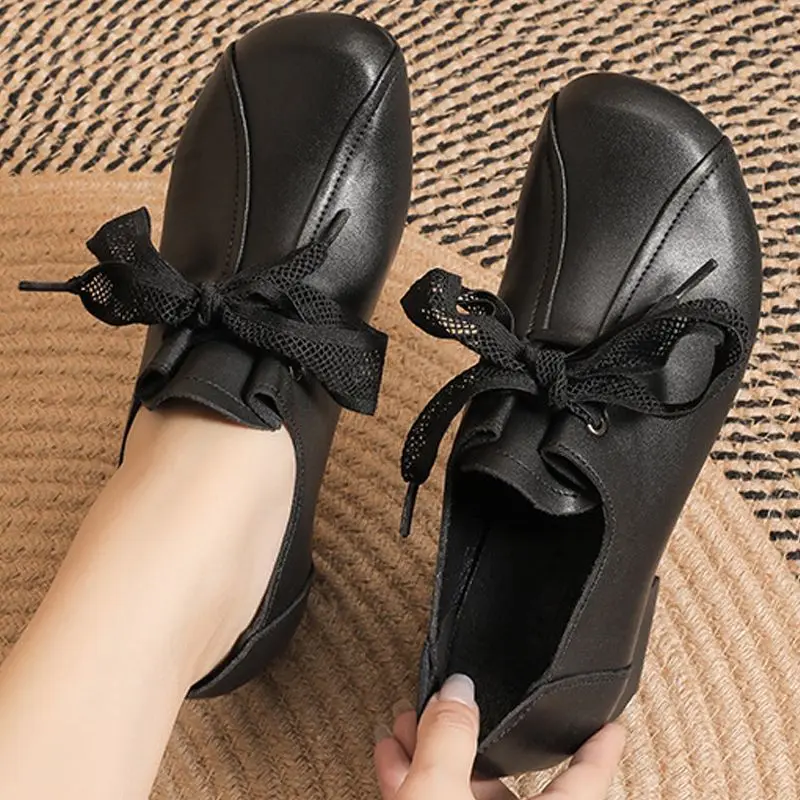 Spring Oxford Low Heels Shoes For Women Lace Up Pumps Woman Handmade Genuine Leather Shoes Ladies Round Med Heels Dressy Shoes