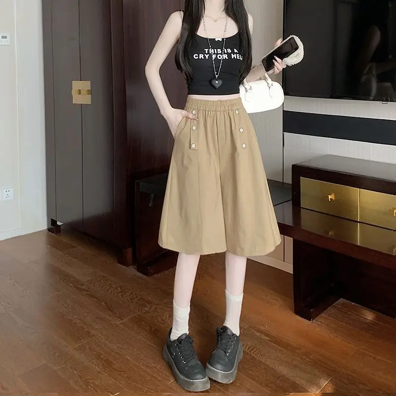 Elastic Waist Button Patchwork Plus Size Korean Five-point Pants New Summer Solid All-match Casual Fashion Trend Women Clothing