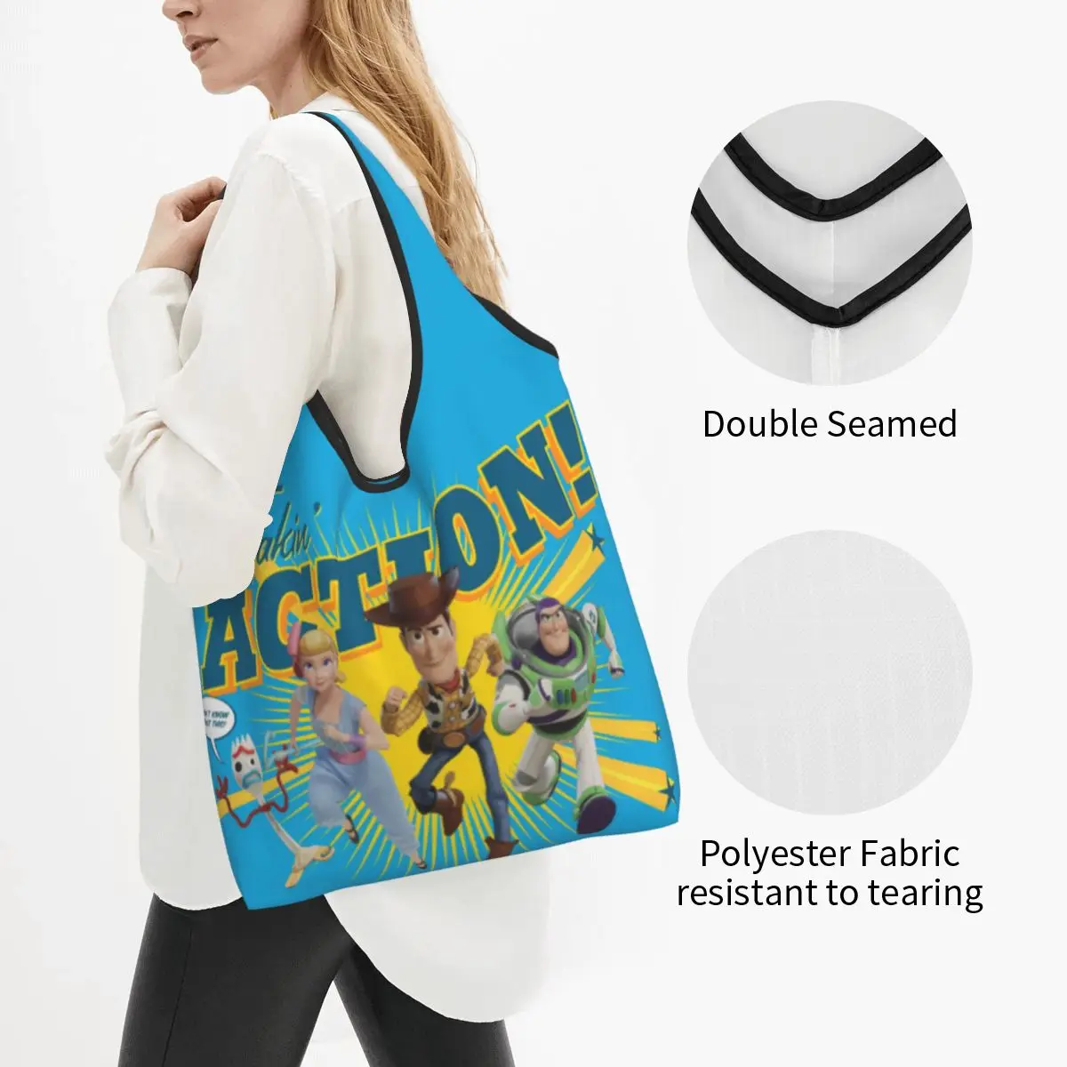 Custom Toy Story Takin Action Group Art Grocery Shopping Tote Bags Women Cartoon Movie Shoulder Shopper Bag Big Capacity Handbag