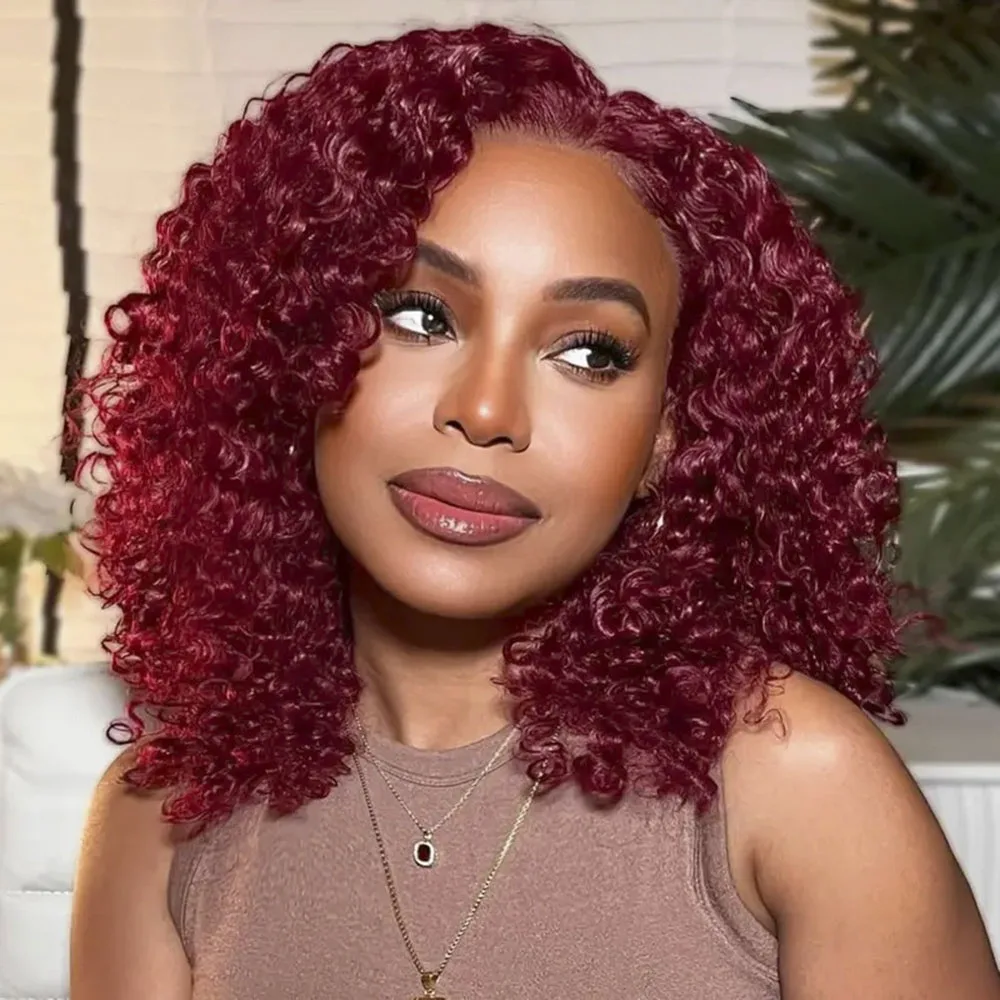 

99J Burgundy Short Deep Curly Bob Wig 13X4 Lace Front Wigs For Women Brazilian Human Hair Red Highlight Colored T Part Bob Wig