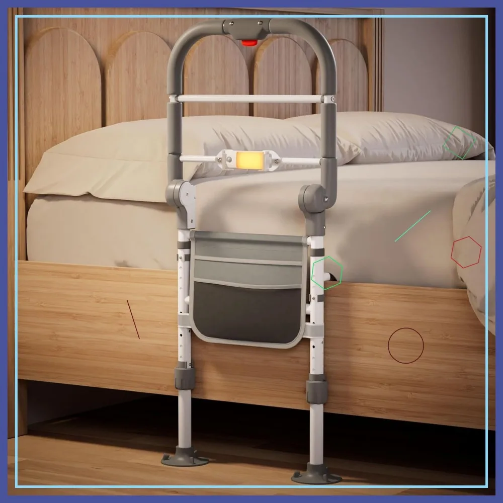 Foldable Bed Safety Rail with Adjustable Height, Non-Slip Handle, Motion Sensor Light & Storage Pouch for Elderly Support