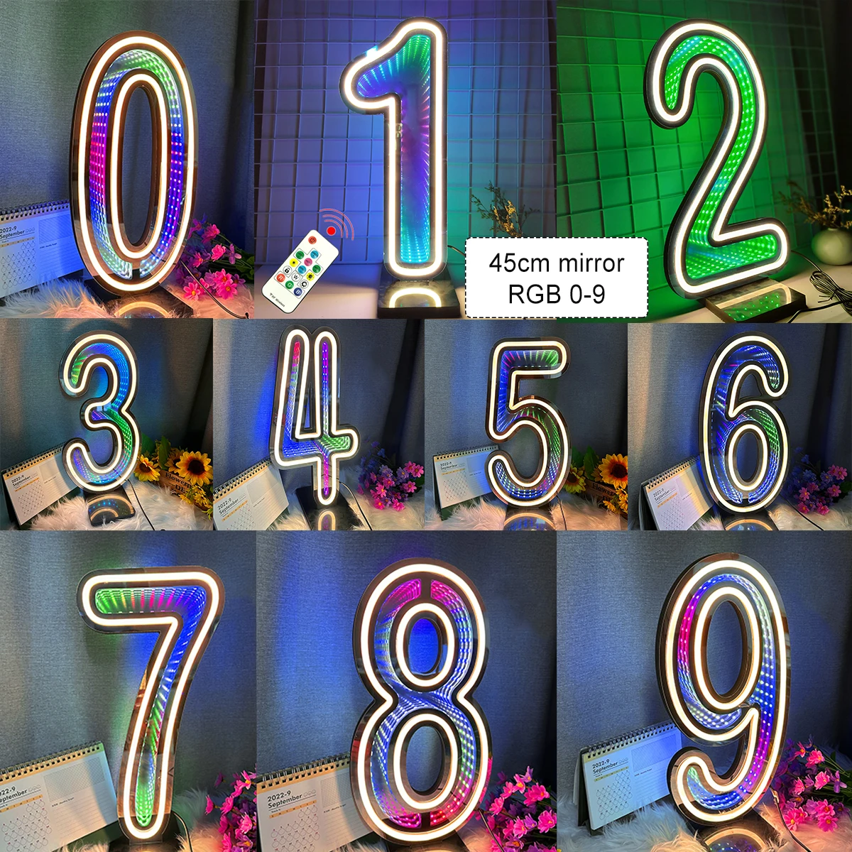 Customized Number Neon Sign 0-9 set, Colourful Number Lights for Birthday Party Background Decoration Light Up Sign with Base