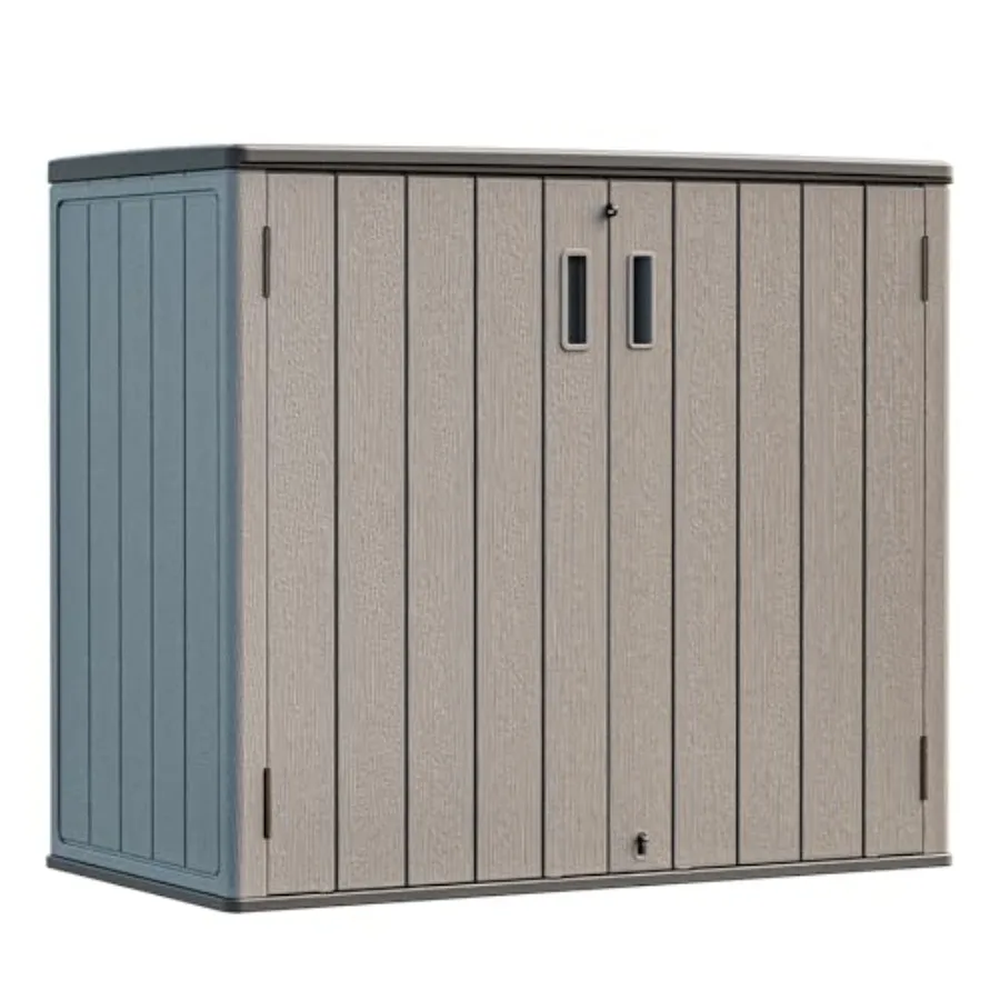 Outdoor storage shed for patio, garden lawn; weather-resistant resin; gray; double-layer plastic with floor