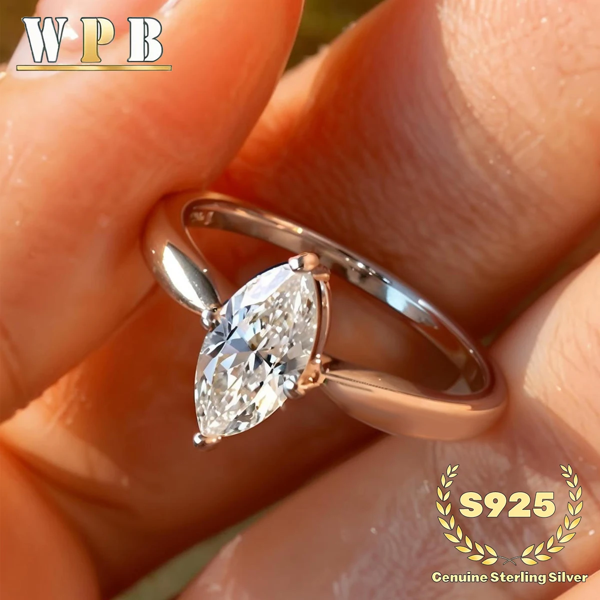 Genuine S925 Sterling Silver Romantic Elegant Olive Shaped Cubic Zirconia Ring 5x10mm Women Wedding Engagement Jewelry Gift
