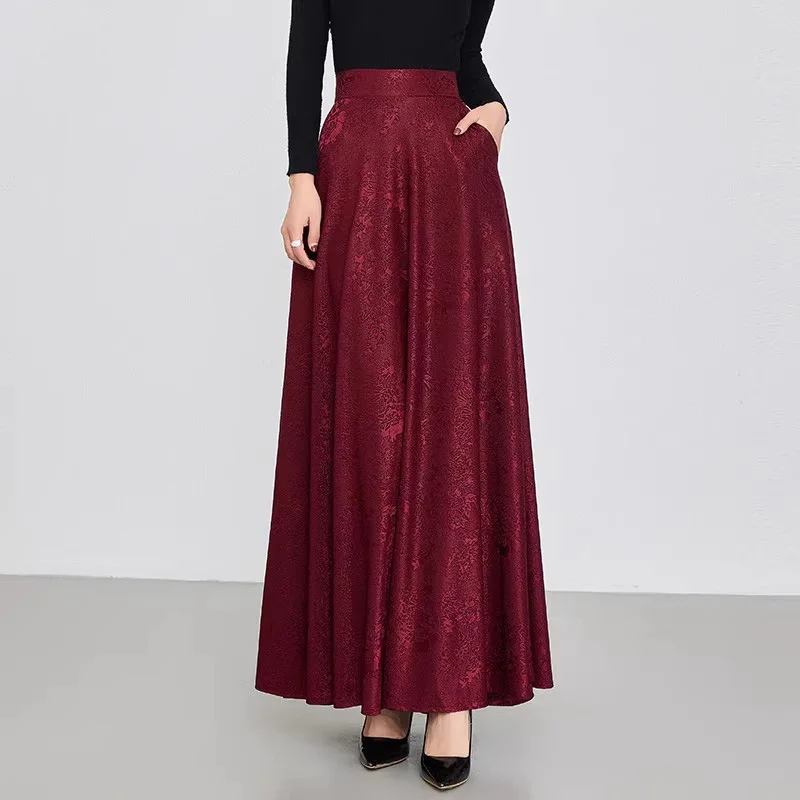 New Women Jacquard Skirt Spring Autumn Fashion Stretch Back Waist Chinese Style A-Line Skirt Elegant Basic Long Skirt Female