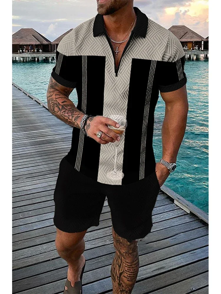 2024 Hawaiian fashion 3D vintage print beach mens casual zip-neck polo shirt and shorts set streetwear harajuku niche menswear