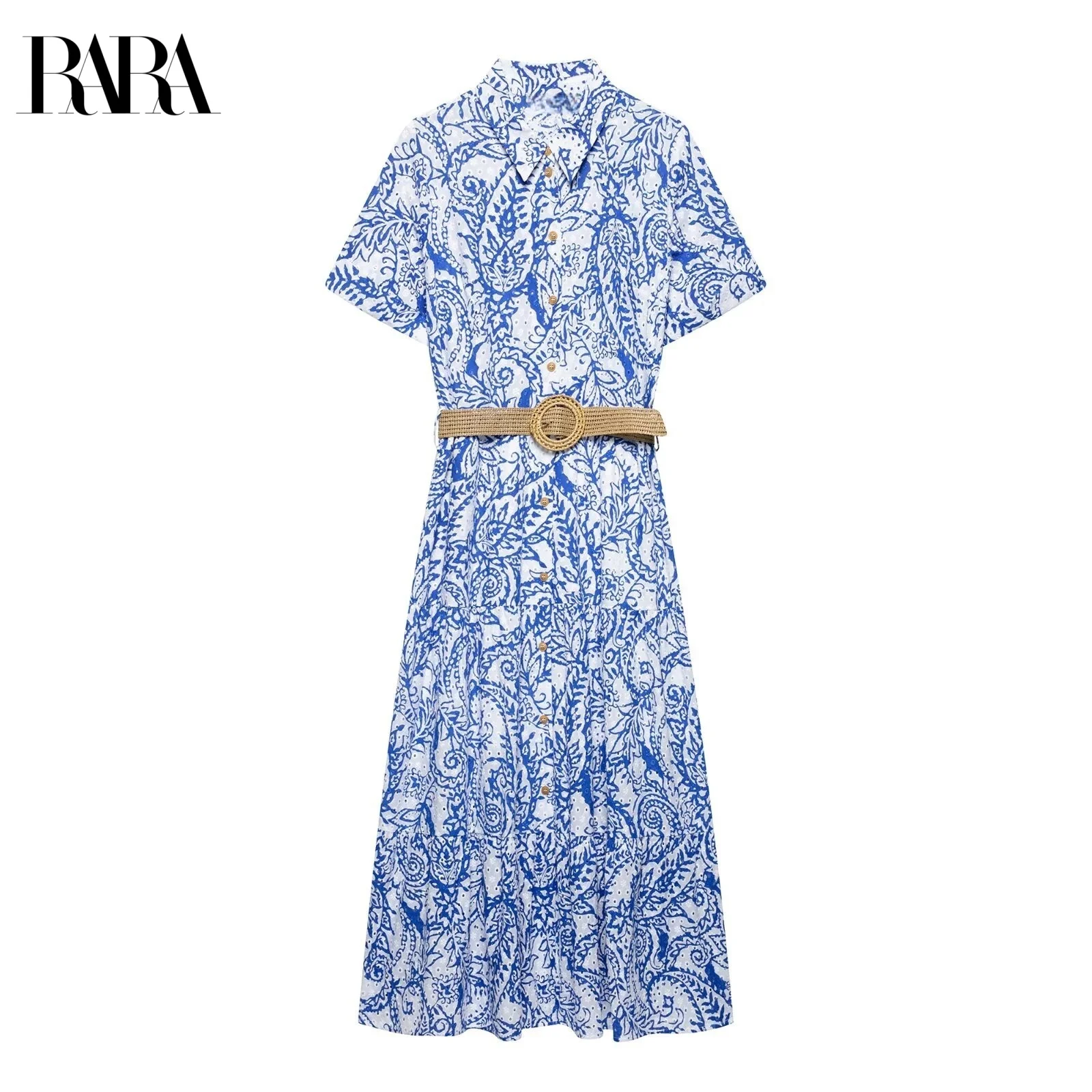 

RARA2025 Embroidery With Belt Printed Shirt-style Short-sleeved Dress Summer New Style Ladies Casual Versatile Long Skirt