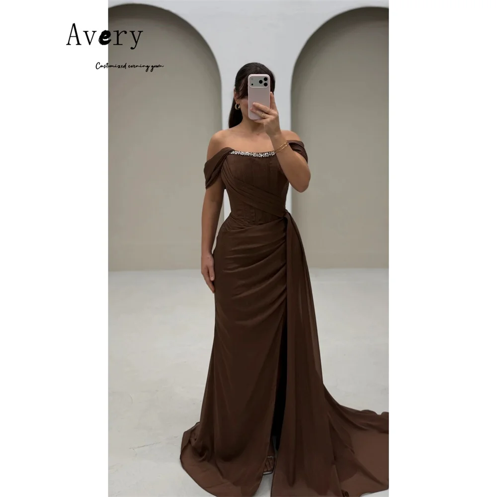 

Avery Customized Brown Off-shoulder Rhinestone Backless Elegant Dresses for Women Long Party Evening Dresses for a Wedding Dress