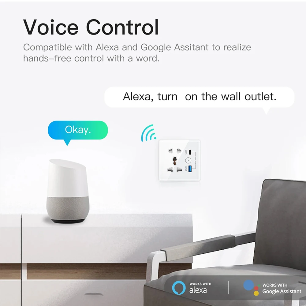 Tuya Wifi Smart Switch with USB Type-C Fast Charging QC3.0 Plug Smart Switch Work with Alexa Google Home Yandex Voice Control