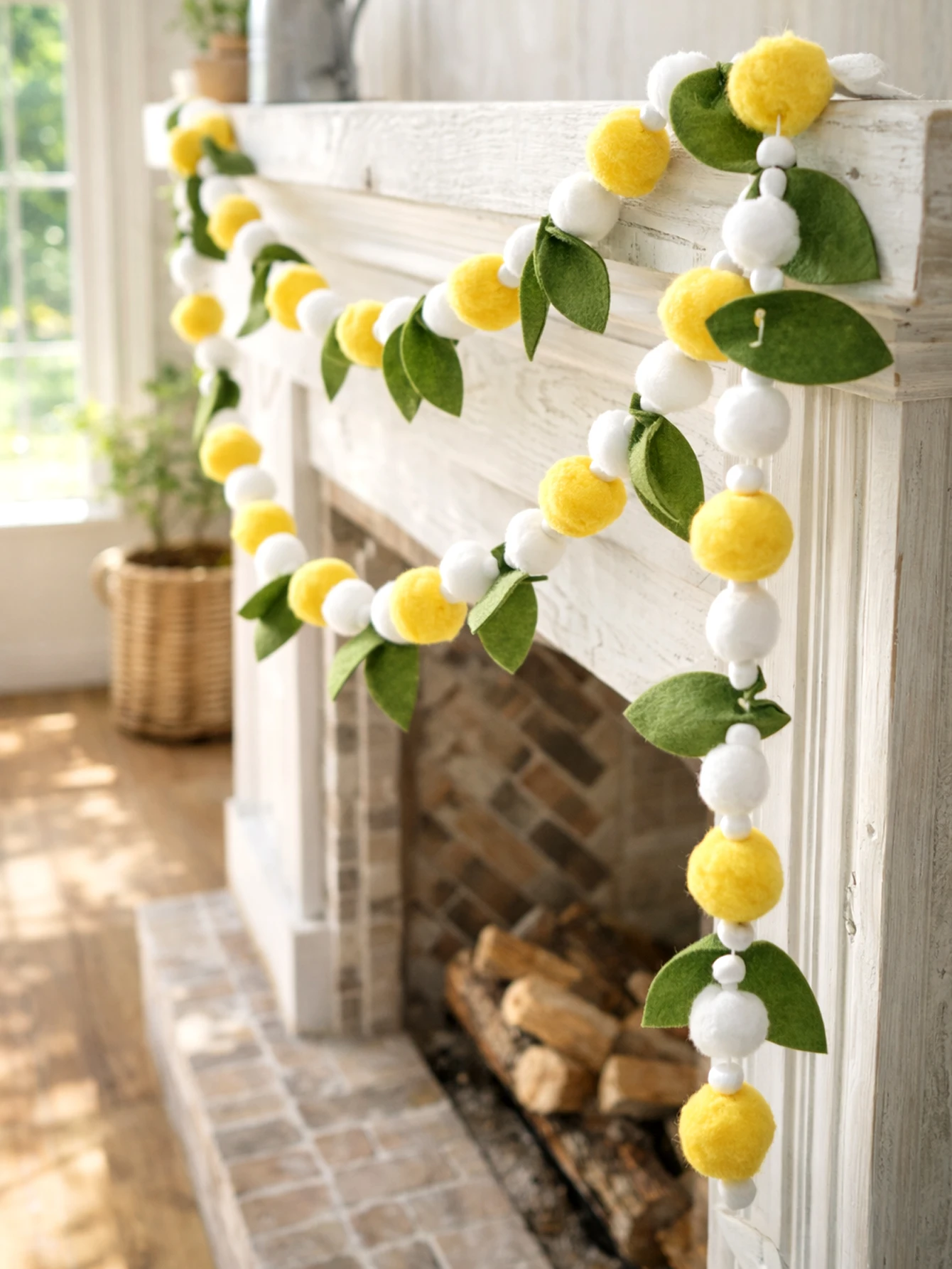 Felt Lemon Pom Pom Garland Leaves String Banner Spring Summer Home Decor for Mantel Fireplace Wedding Party Nursery Wall Hanging