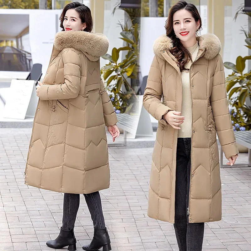 2024 Women\'s Winter Long Coat Warm Cotton Jacket Fur Neckline Hooded Parka Coats Fashion Ultra Thin Snow Jackets Outwear Female