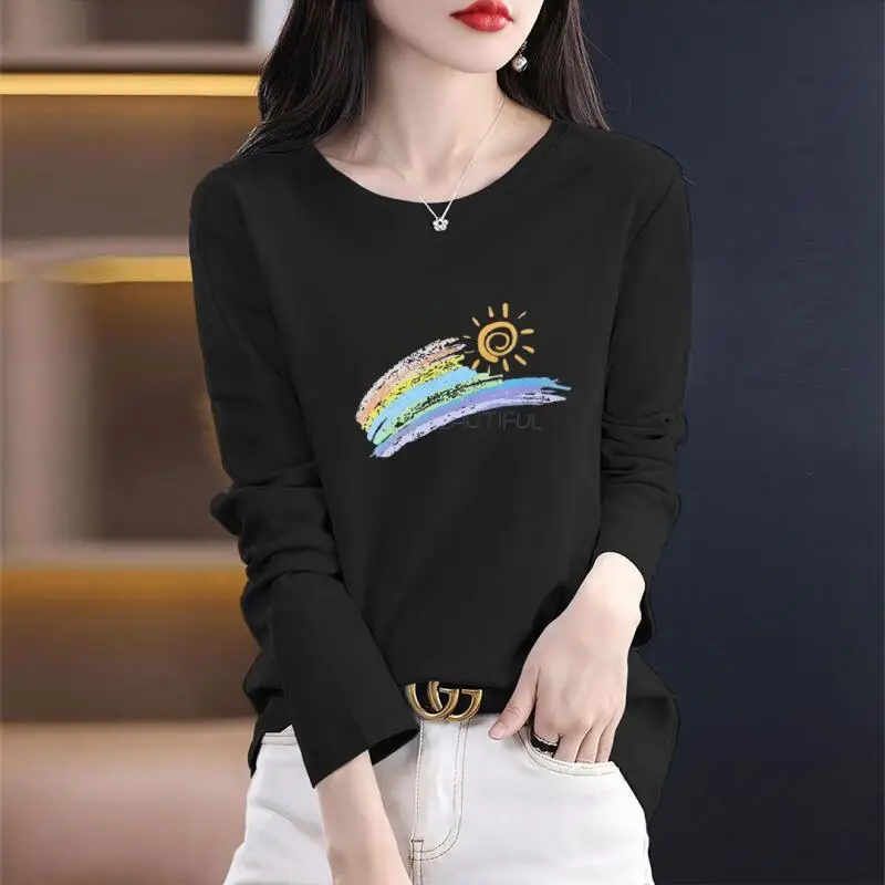 الشباب المرأة طويلة الأكمام تي شيرت ربيع الخريف موضة الاتجاه امرأة الملابس الترفيه بسيط تيز فضفاض ملابس علوية من القطن منتجات جديدة