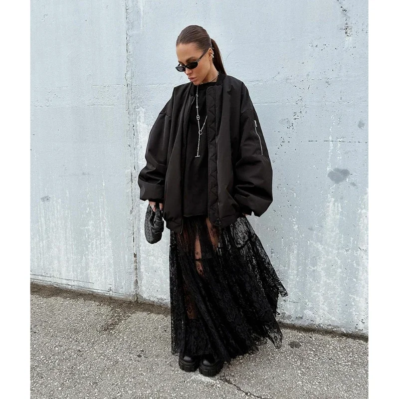 Deeptown Lace Black Long Skirts Elegant Sexy Women See Through 2024 Solid Skirts Loose High Waist Europe and America Fashion