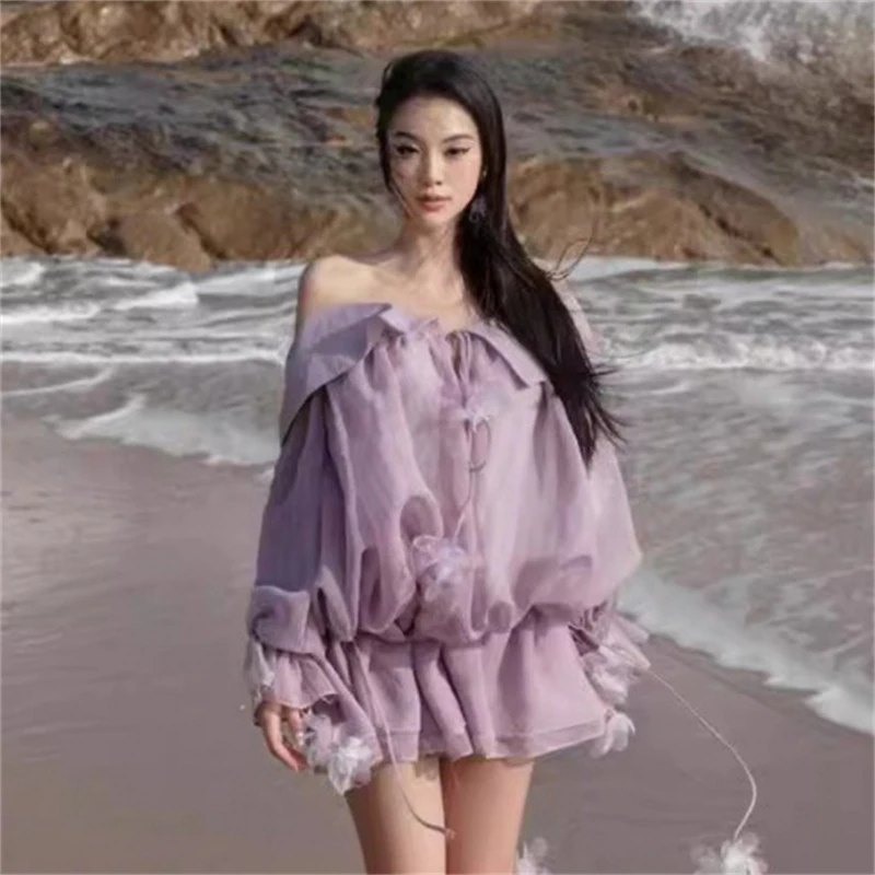 New Summer Purple One Shoulder 3D Flower Loose Long Sleeved Dress Representative Ruffle Edge Doll Neck Short Skirt Women\'s