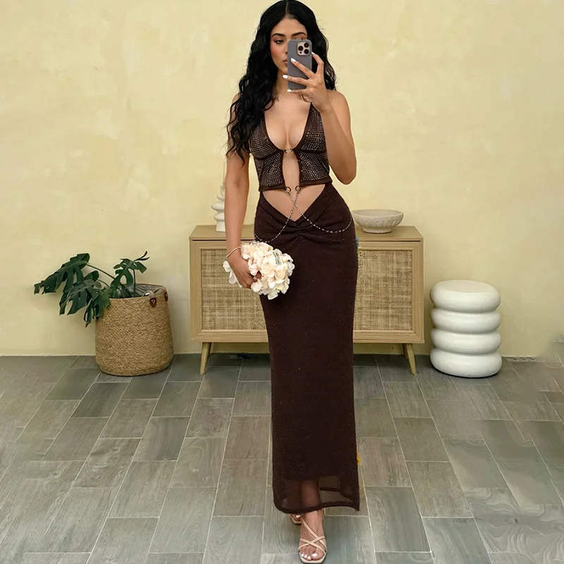 DSMTRC, batas de cuello bajo con cuello Halter para mujer, vestido de retazos de Chian de Metal, decoración de diamantes de imitación, vestidos largos elegantes para fiesta de vacaciones