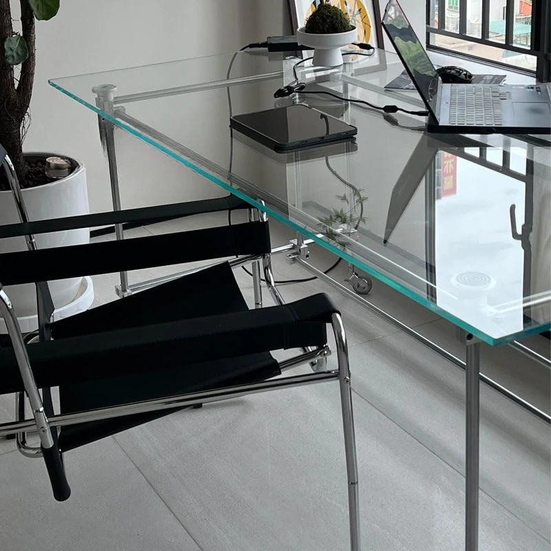 

Stainless steel optical axis glass table, creative designer computer table