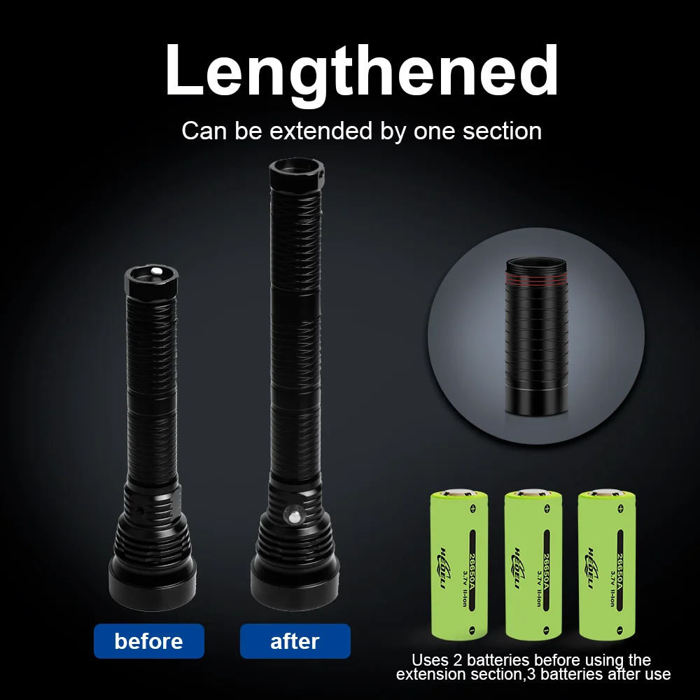 XHP390 الترا قوية قابلة للشحن Led الغوص مصباح يدوي طويل النار ضوء قوي تحت الماء فانوس كبير اليد الشعلة 18650/26650 الغوص المهنية مصباح يدوي ، مصباح الصيد الليلي ، الغوص 1000 متر