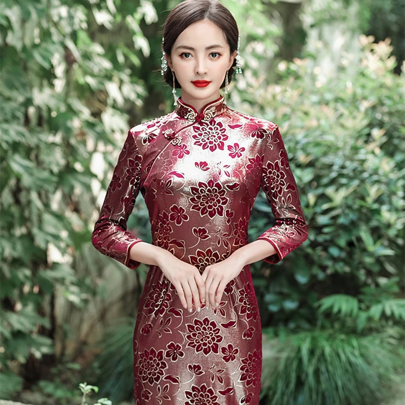 Women Gauze Patchwork Modern Improve Qipao Eleganti Chic Slim Long Chinese Traditional Retro Cheongsam