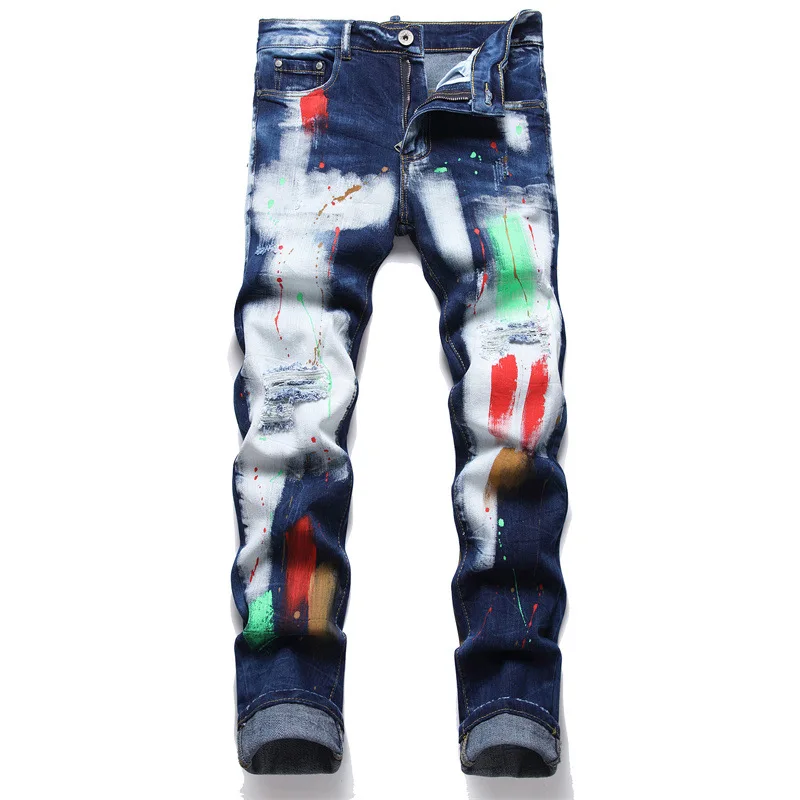 

High Quality Men Straight Casual Cotton Jeans Male Jean Homme Paint Printing Pantalones Hombre Jeans Men Pants Denim Trousers