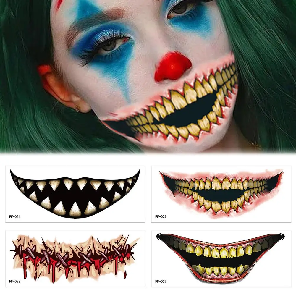 Pegatina de cara de Boca Grande de terror de Halloween, pegatinas de maquillaje divertidas, tatuaje de fiesta de disfraces de Diablo, accesorios de Cosplay impermeables W8C1