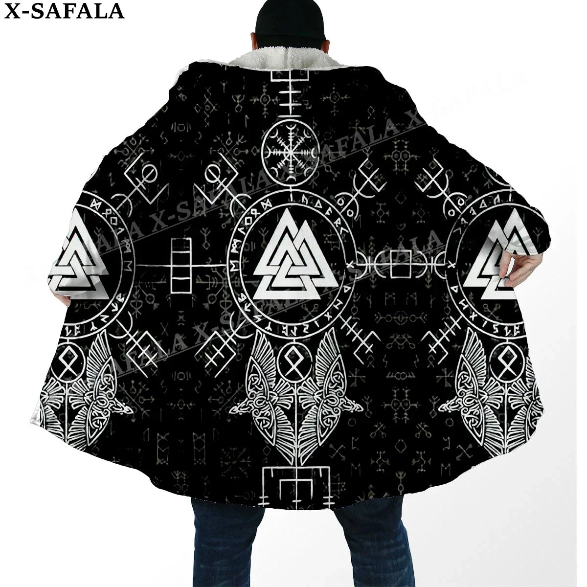 Viking Line Tattoo Symbol Totems Thick Warm Hooded Cloak Men Overcoat Coat Windproof Fleece Cape Robe Hooded Blanket-6