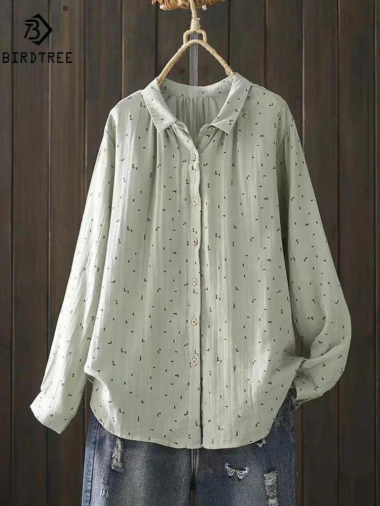 

New Spring Cotton Casual Long Sleeve Shirt Women Dots Printed Top Girl Loose Fashion Retro Commute Blouses 2024 Autumn T45845QM