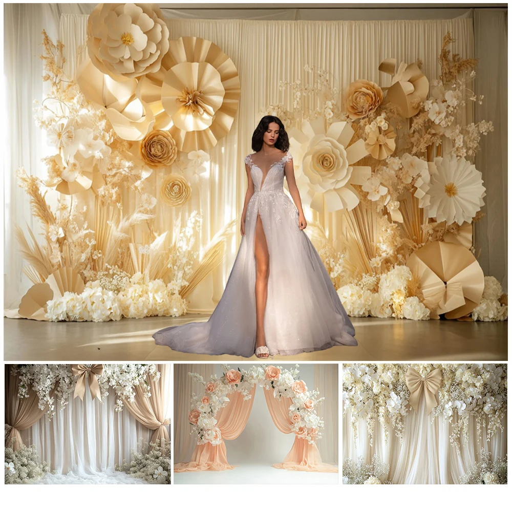 

Beautiful Cherry Blossom Bows Photography Backdrop Pink Yellow Flowers Pregnant Women Portrait Baby Shower Background Photozone