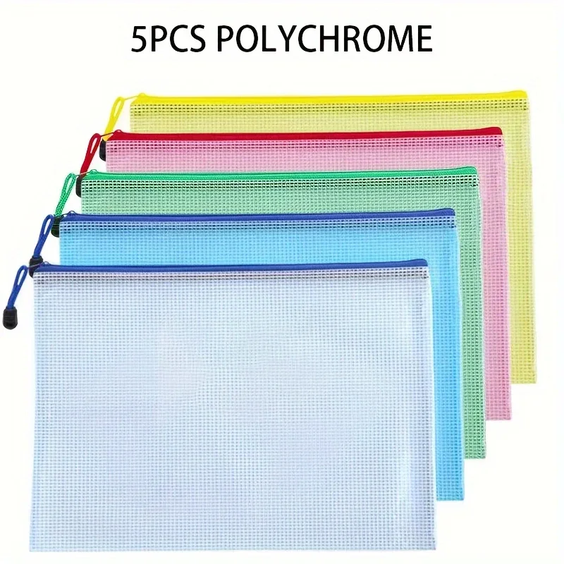 5pcs Transparent Zipper Storage Bag A3 A4 5 Plastic Mesh Waterproof Storage for Files Toys Stationery for Office Home Travel Use