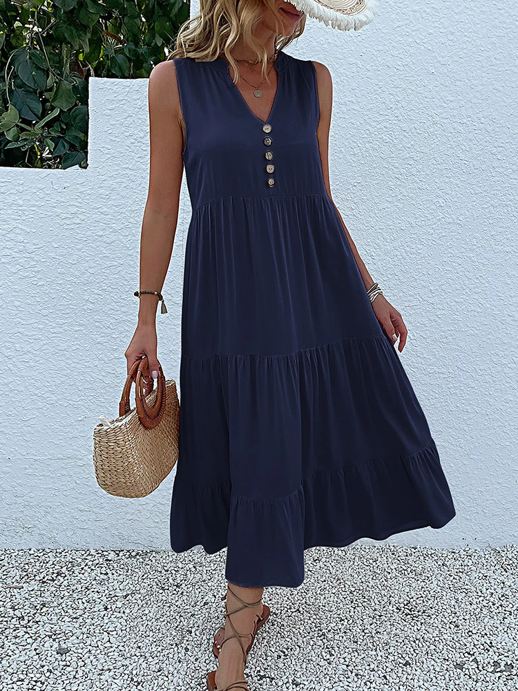 JIM & NORA Casual Summer Midi Dress Women Sleeveless Tank V Neck Buttons Ruffle Loose Dresses Beach Soild Sundress Fashion