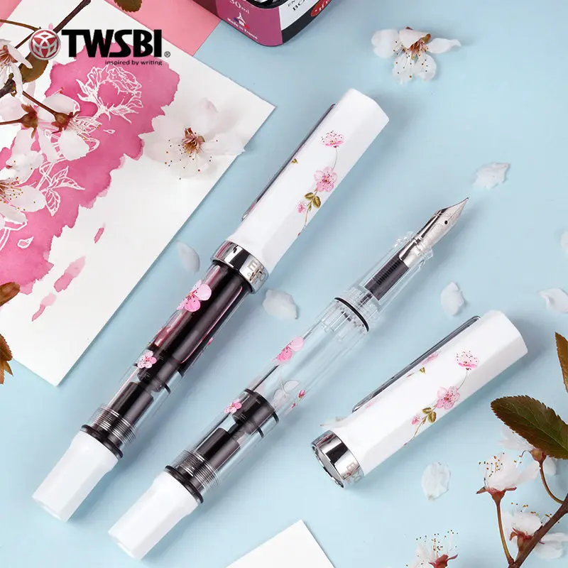

TWSBI ECO Limited Edition Sakura Piston Filling Fountain Pen Transparent Resin Cherry Blossom Design Pink White Calligraphy Pen