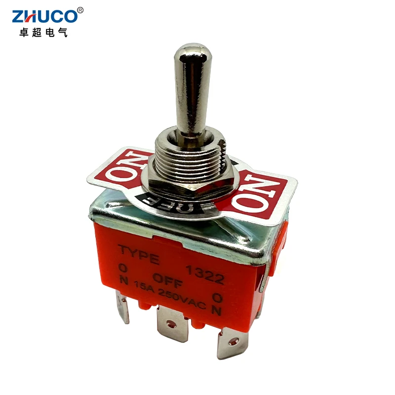 1PC 1322C 15A 250VAC ON OFF ON DPDT 6 Terminal Solder Pins Self-locking Power Rocker Latching Toggle Switch 12mm Mounting Hole