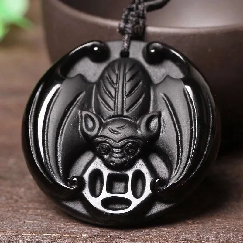 

Fashion Obsidian Money Bat Pendant Necklace Jewellery Chinese Hand-Carved Healing Women Man Luck Gift Sweater Chain