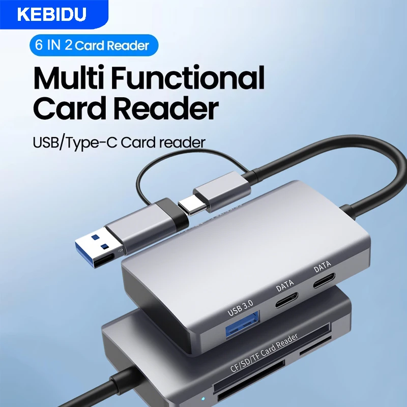 

Многофункциональный кард-ридер KEBIDU 6 IN 2, USB-адаптер для высокоскоростной передачи данных, тип C, чтение карт памяти SD/TF/XD/CF/M2 для камер