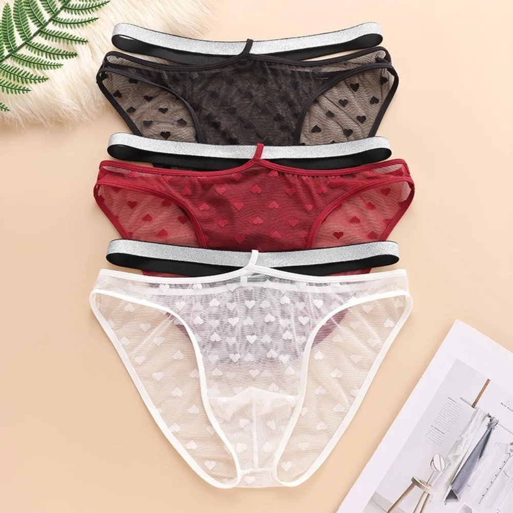 Underpants Lingerie Men's Triangle Panties Mid Waist Mesh Transparent Briefs Love Heart Breathable Men Thin Briefs Gifts
