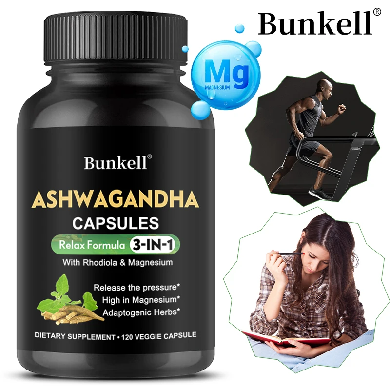 Organic Ashwagandha - 120 Veggie Capsules 3-in-1 with Rhodiola Rosea & Magnesium - Stress Relief, Mood, Focus, Brain Function