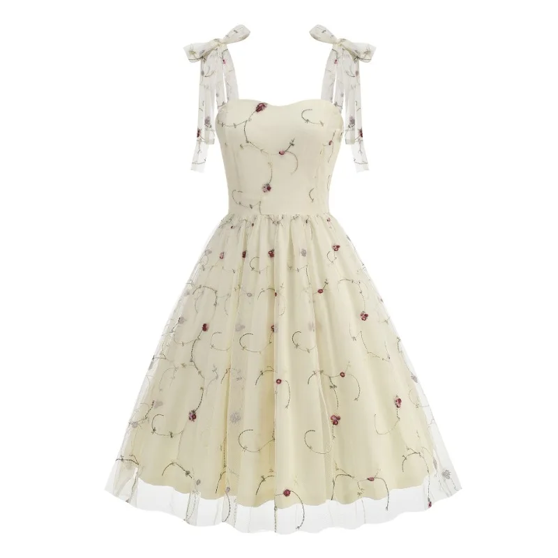 

2025 New Hepburn Vintage Elegant Sweetheart Neck Flower Print Mesh Short Prom Dress Women High Waist Midi Pleated Party Dresses