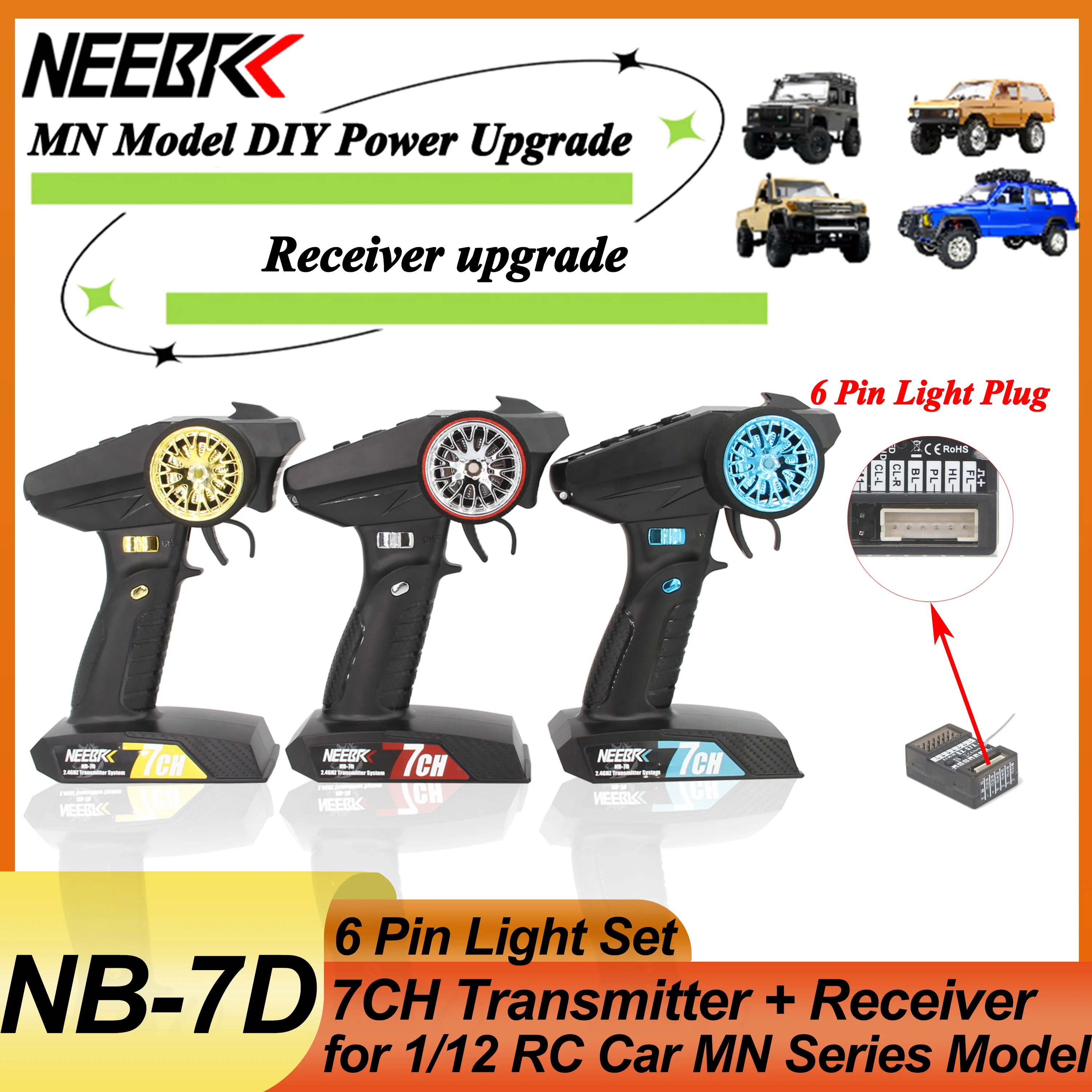 

NB-7D 7CH 2.4Ghz Radio System Transmitter with 6 Pin Light Plug Receiver 7 Channel Remote Control for RC Car MN Series Model Toy