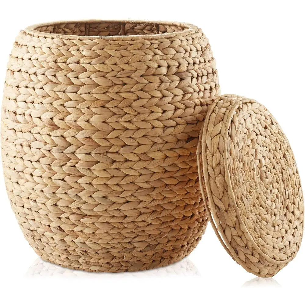 

Natural Woven Water Hyacinth Storage Basket with Lid - Ideal for Organizing Laundry, Blankets, Plants in Bedroom, Living Room, H