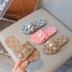 Metal Decoration Girls Slippers Summer Flowers Printed Soft Sole Children Slippers Comfortable PU Fashion Kids Flat Shoes