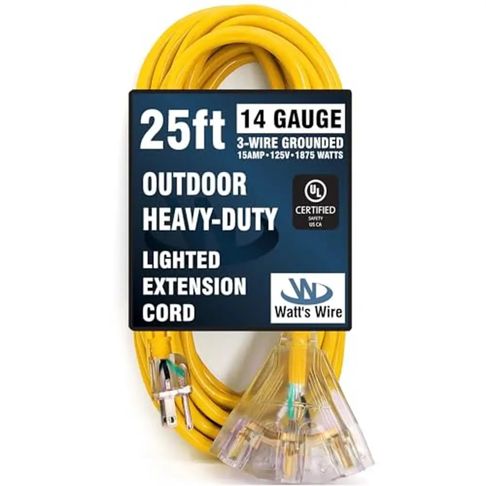 SJTW 14 Gauge 25ft Heavy Duty Extension Cord 3 Outlet Lighted Indoor/Outdoor Cord 15A Waterproof Flexible Reliable Great