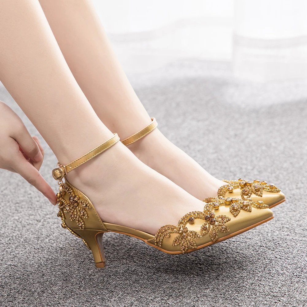 

Роскошные свадебные туфли со стразами и ремешком под золото, модные летние вечерние туфли-лодочки на высоком каблуке 5 см, женские сандалии