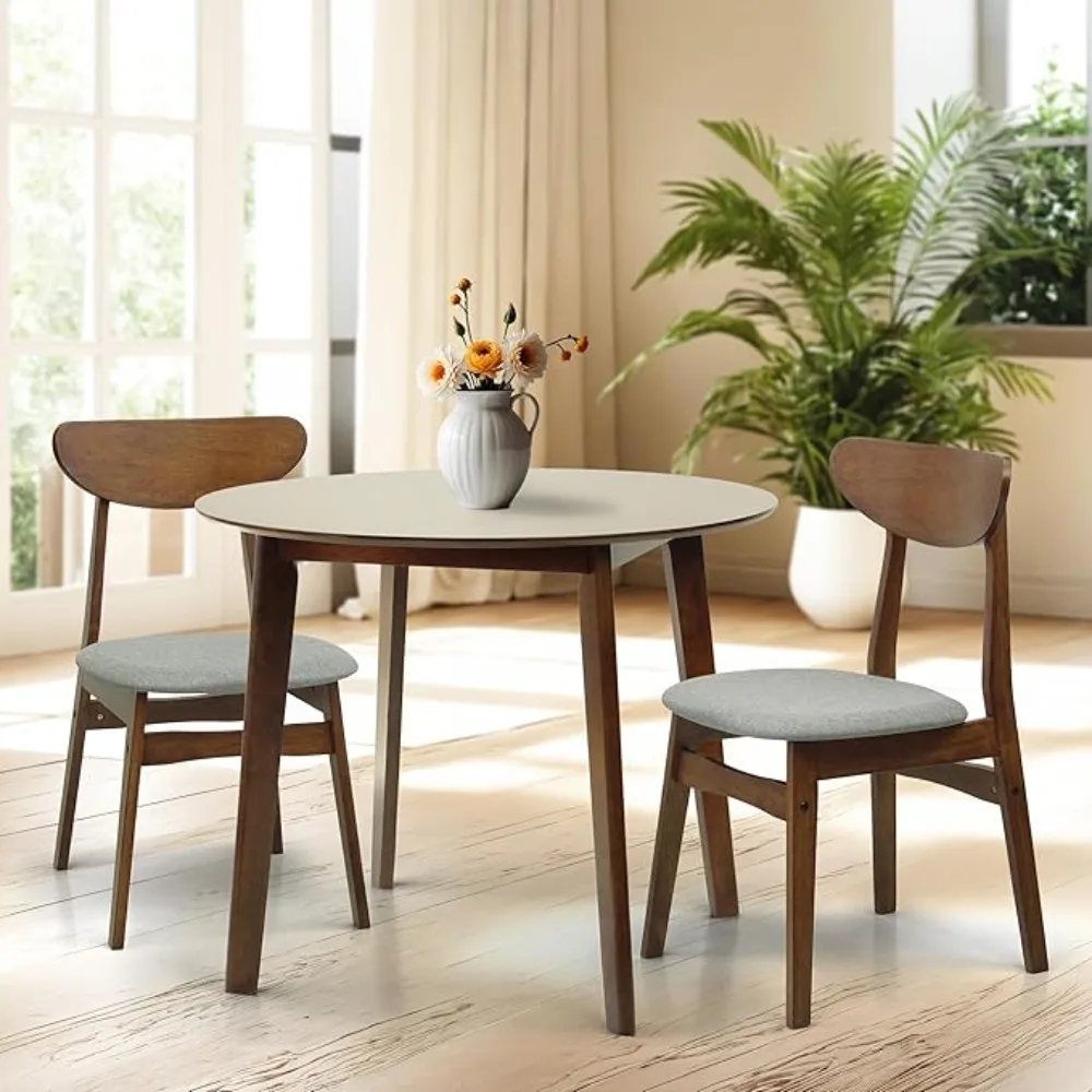 Set of 3 Dining Kitchen Round Table and 2 Yumiko Side Chairs Solid Wood w/Padded Seat Medium Brown