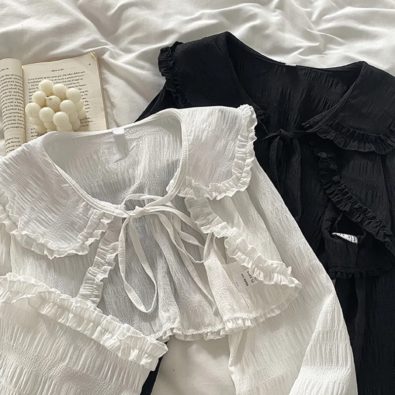 

Bella Collar Design Sensation Small ence Tie Drapey Chiffon Top Women Summer New Japanese Sle Gentle Versatile Open Car...