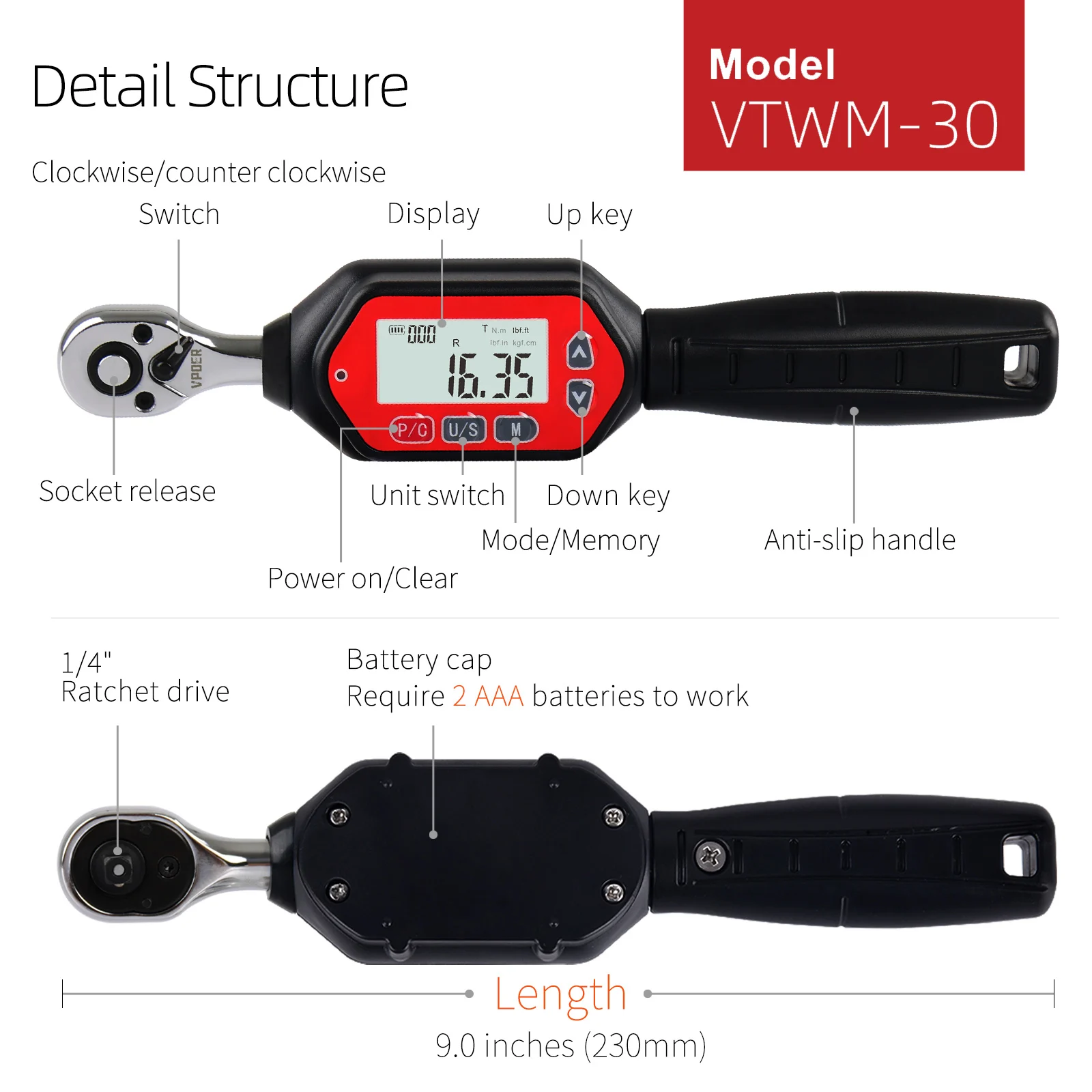 Imagem -04 - Chave de Torque Digital de 430 Nanômetro da Movimentação de 0.9 Polegadas 0.6622.11 Pés-lbs Libra de 8-265 Polegadas com Buzzer & Diodo Emissor de Luz Calibrado