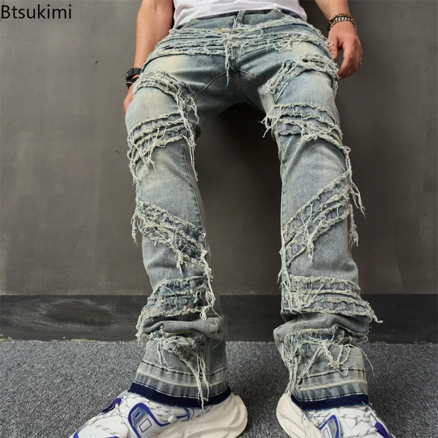 2025 Spring Autumn New Ripped Men's Jeans Street Trends Fashionable Loose Wide Leg Pants Men's Elastic Jeans Casual Men's Pants