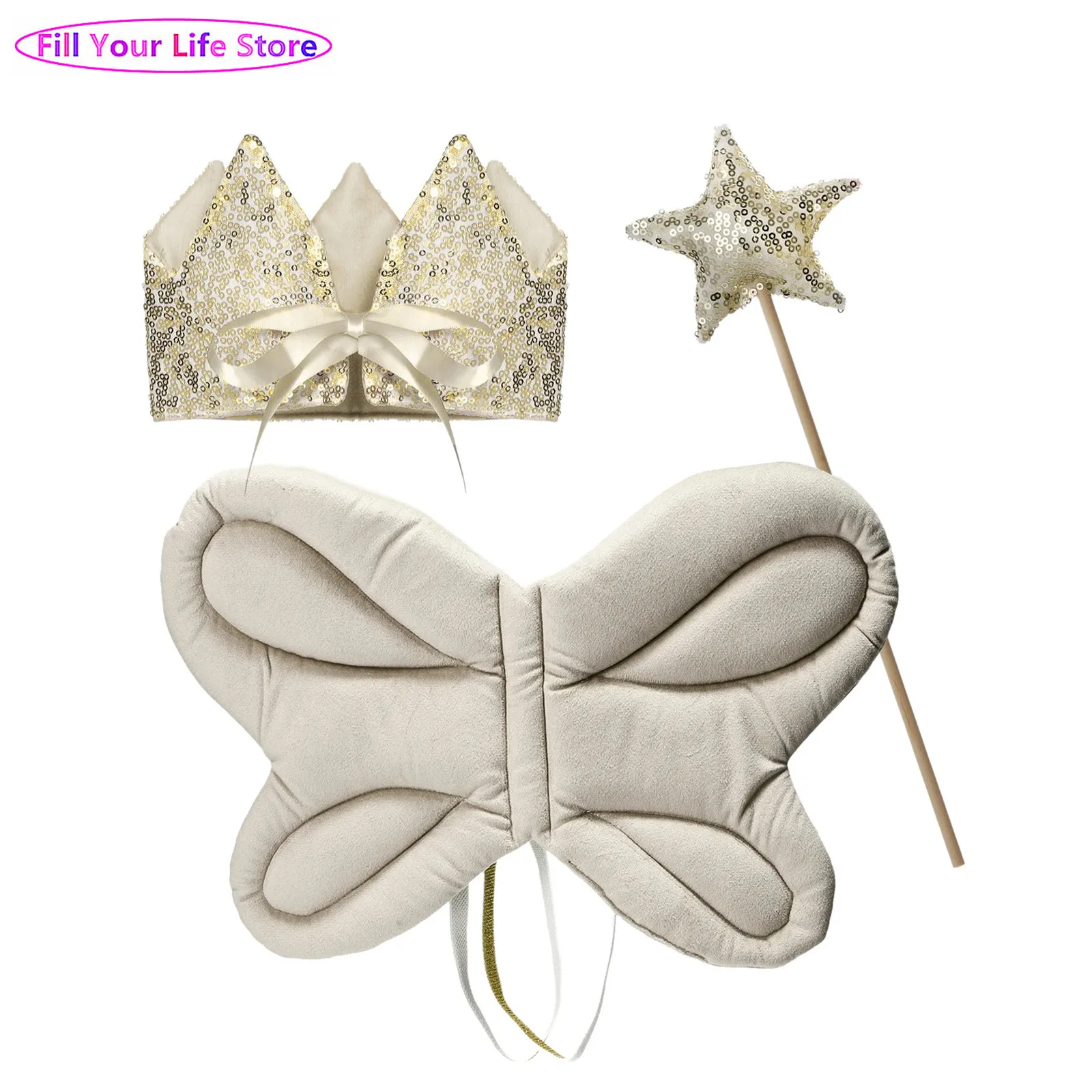 

Kids Angel Butterfly Wings Shaped Elastic Strap Wings with Self-tied Strap Crown And Fairy Stick Set Props for Cosplay Party